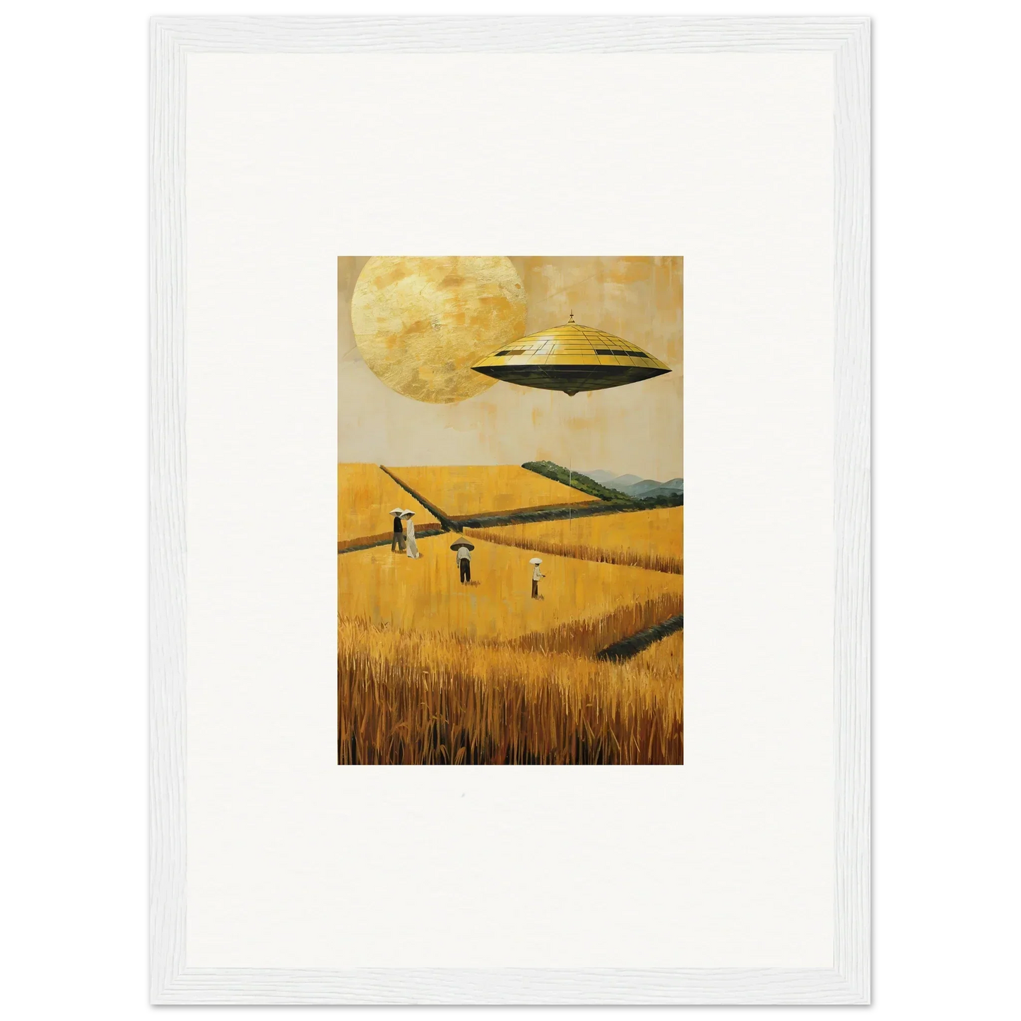 Framed canvas print of a UFO over a melancholy field for unique room decoration