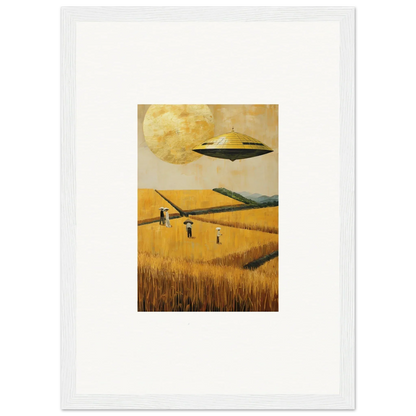 Framed canvas print of a UFO over a melancholy field for unique room decoration