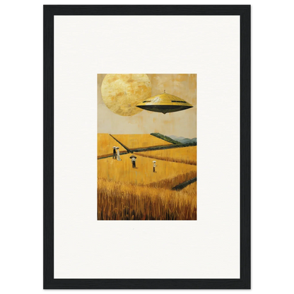 Framed canvas print of a UFO hovering over a melancholy field for unique room decoration