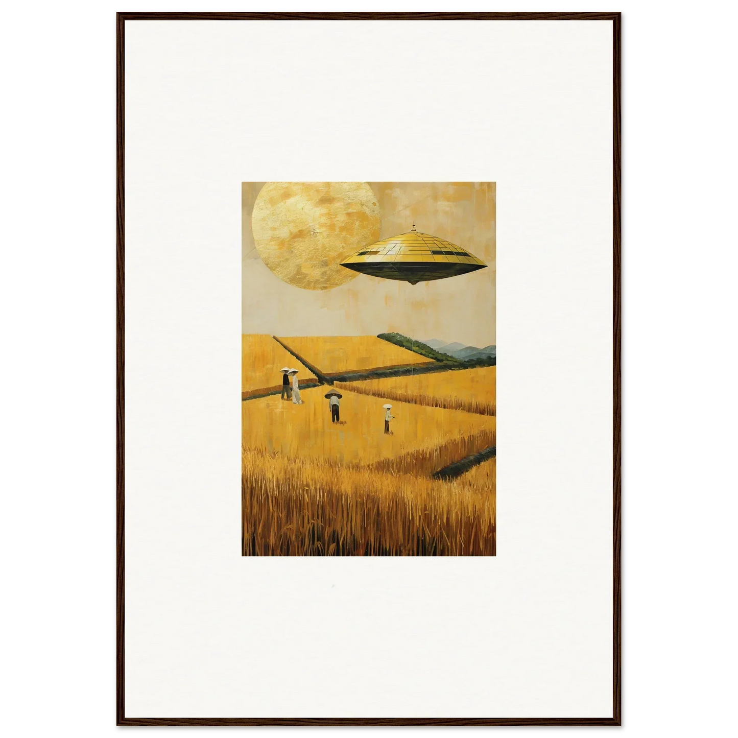 Framed canvas print of a UFO over a melancholy field for cool room decoration