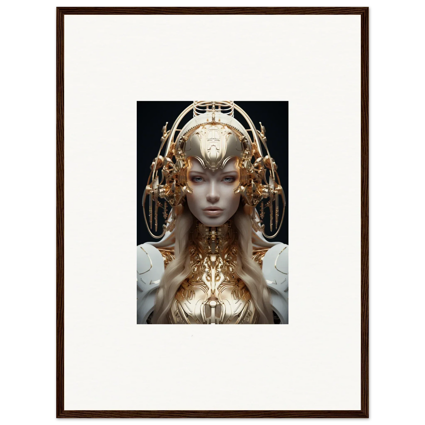 Futuristic humanoid figure with golden headpiece for mind reverie room decor