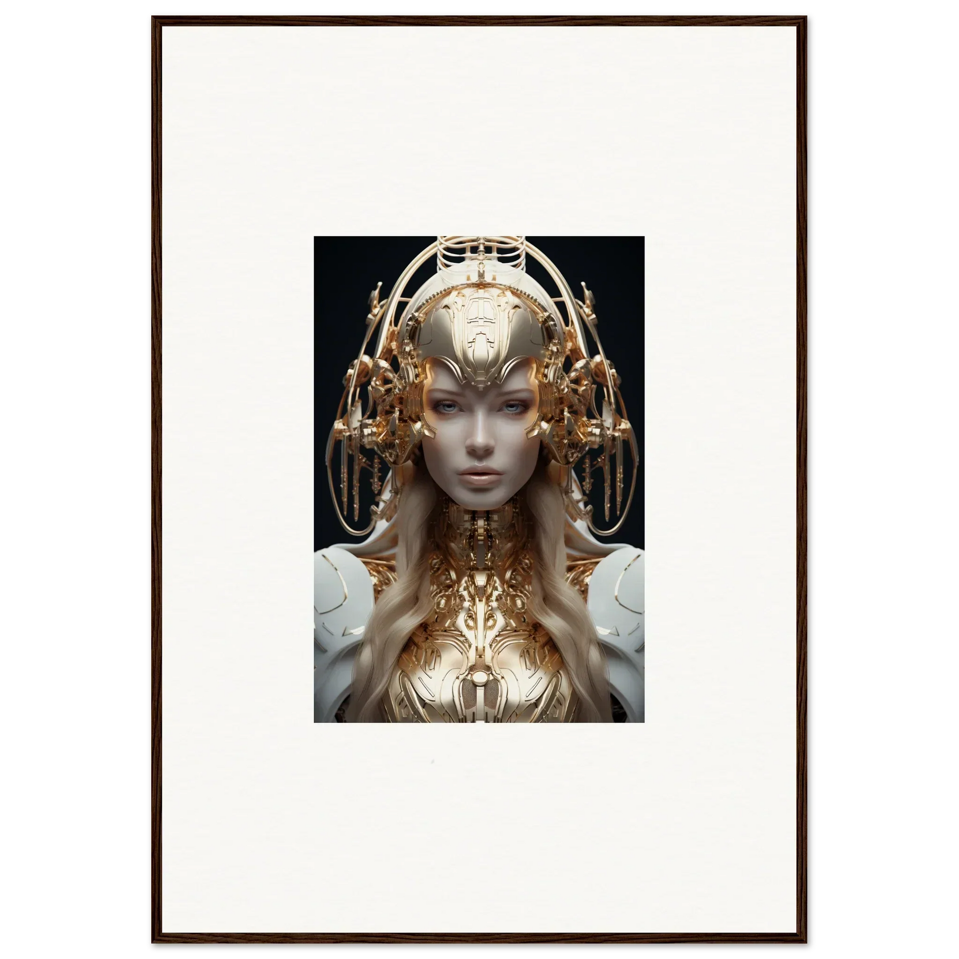 Futuristic humanoid figure with golden headdress for mind reverie room decor