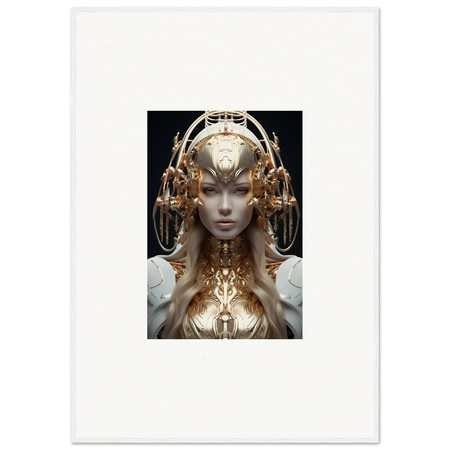 Futuristic humanoid figure in ornate golden headpiece for mind reverie room decor