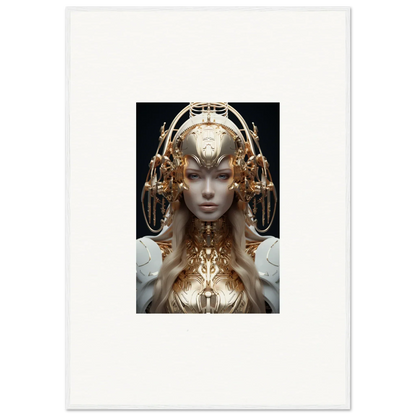 Futuristic humanoid figure in ornate golden headpiece for mind reverie room decor