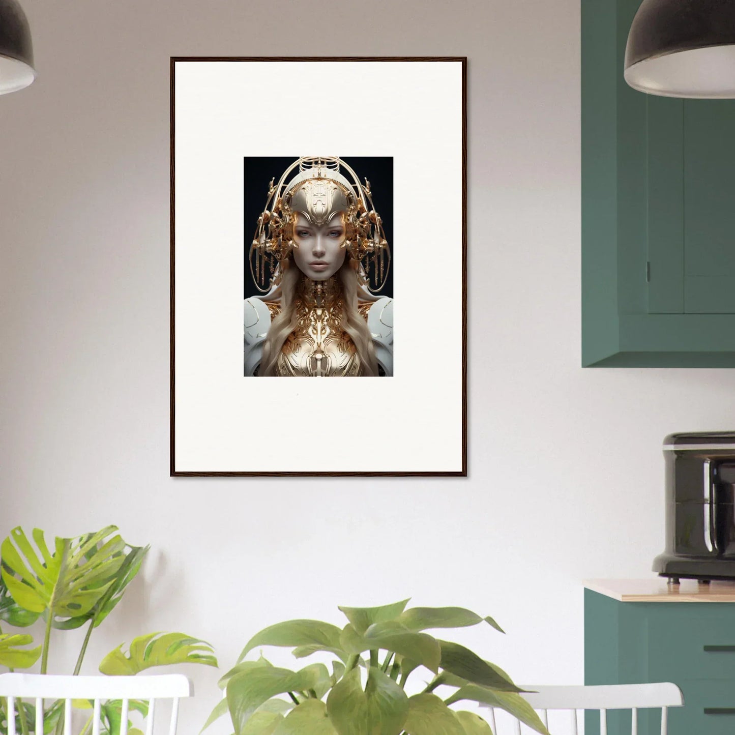 Framed wall art of a golden feminine figure, perfect for mind reverie room decor