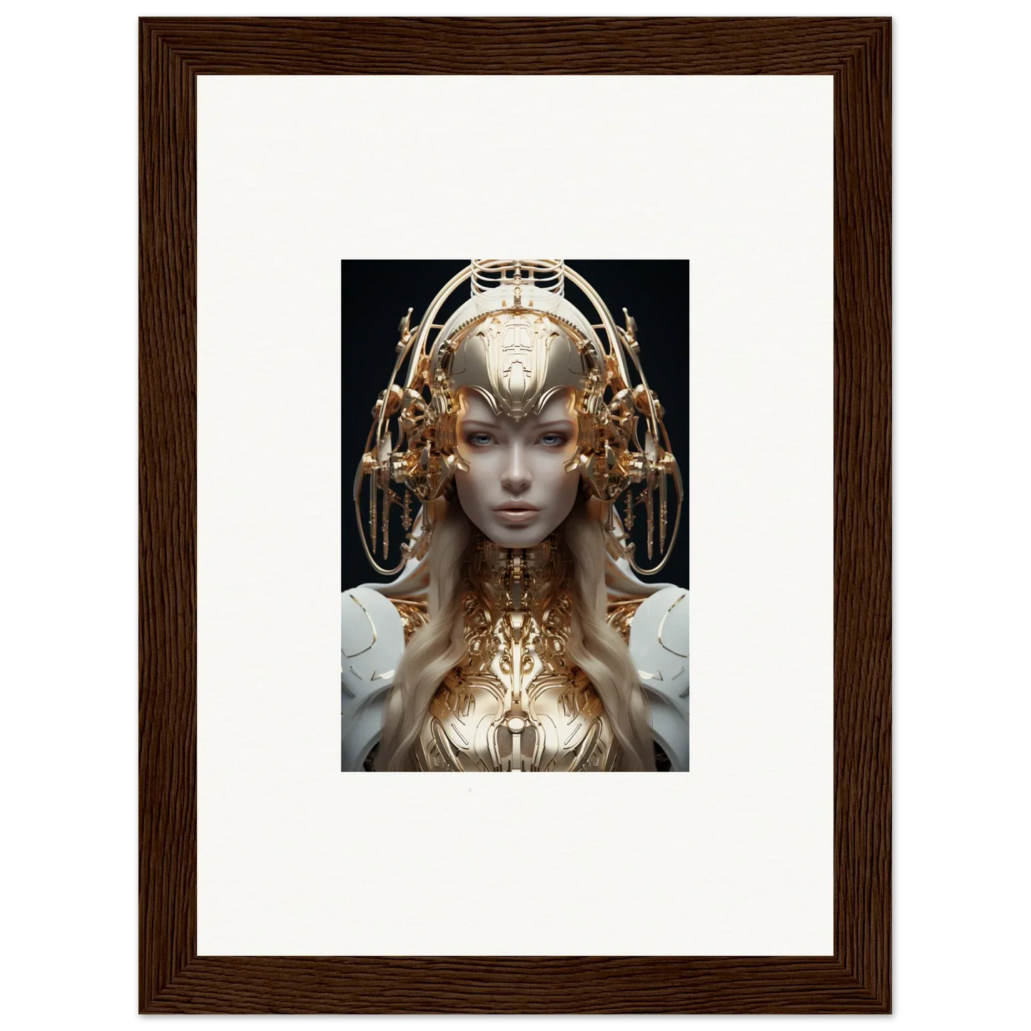 Futuristic humanoid sculpture with golden headdress, ideal for mind reverie room decor