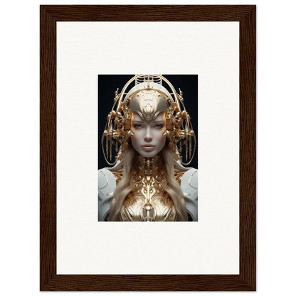 Futuristic humanoid sculpture with golden headdress, ideal for mind reverie room decor