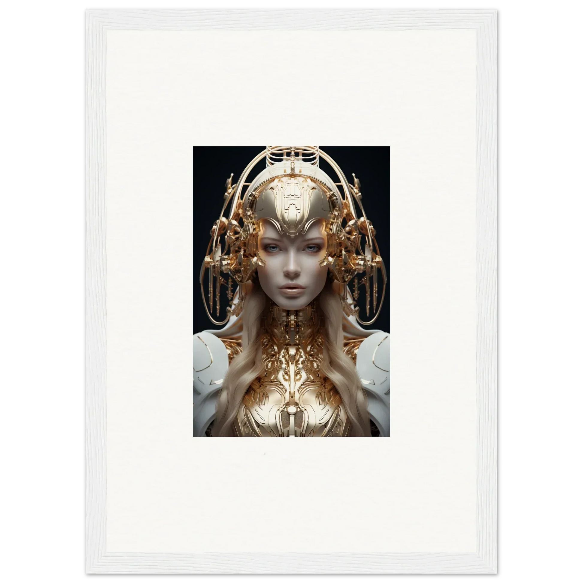 Futuristic female figure in golden headdress for mind reverie framed wall art