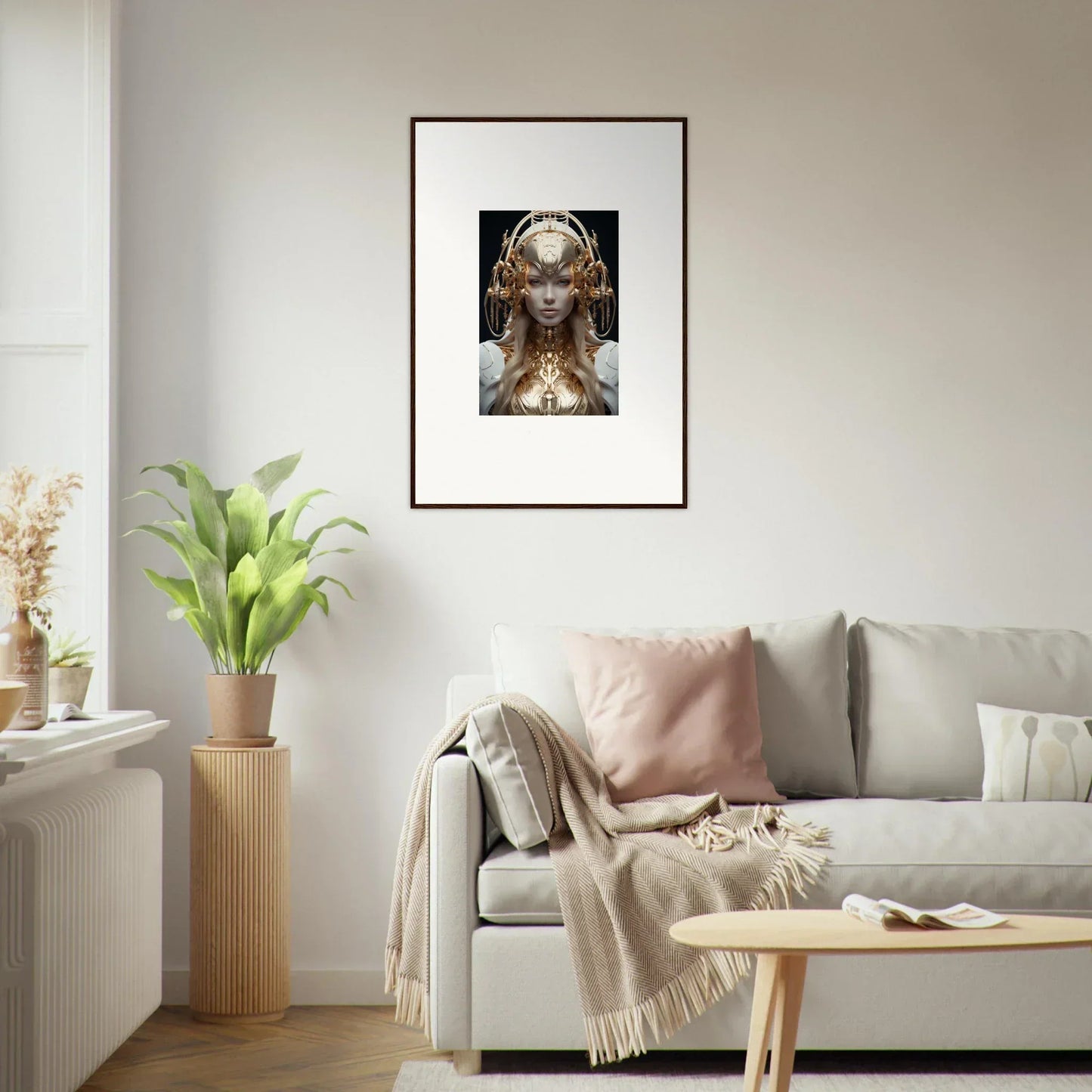 Framed wall art of a metallic humanoid in Golden Mind Reverie for unique room decor