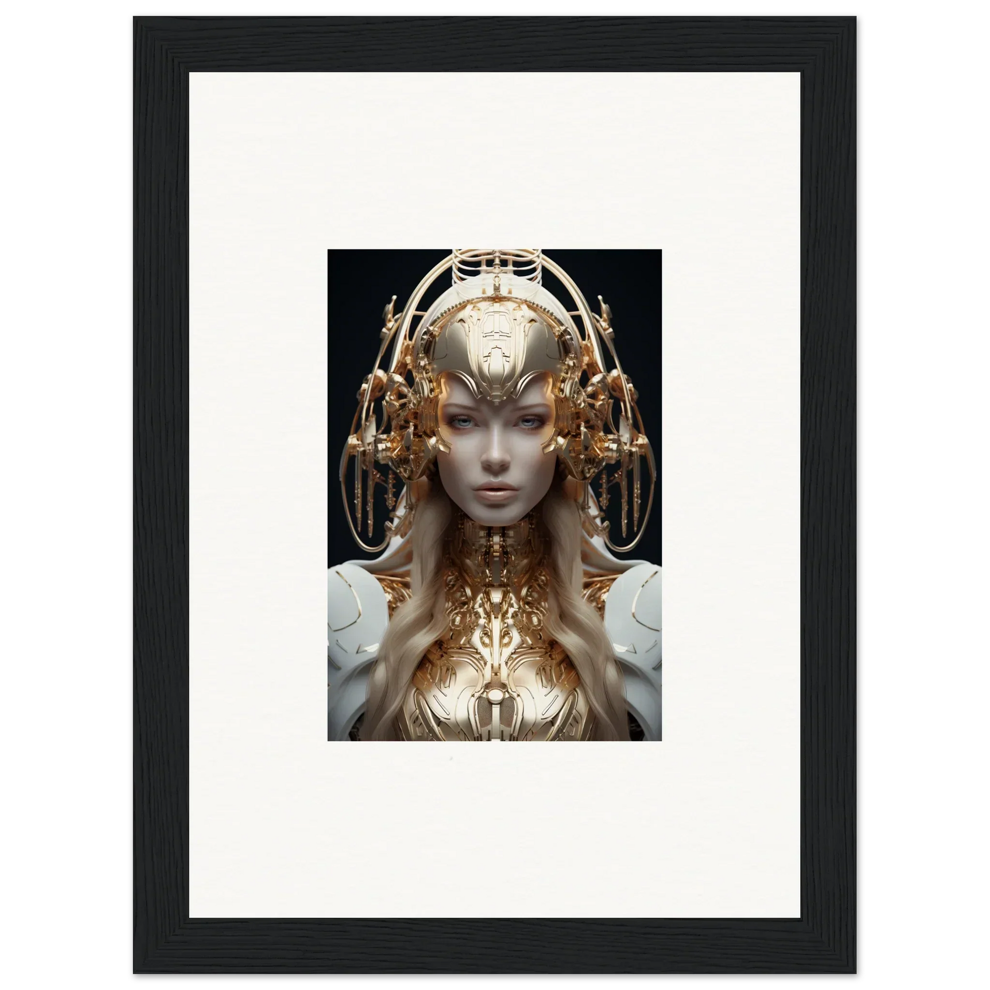 Futuristic female figure with golden headdress in mind reverie framed wall art