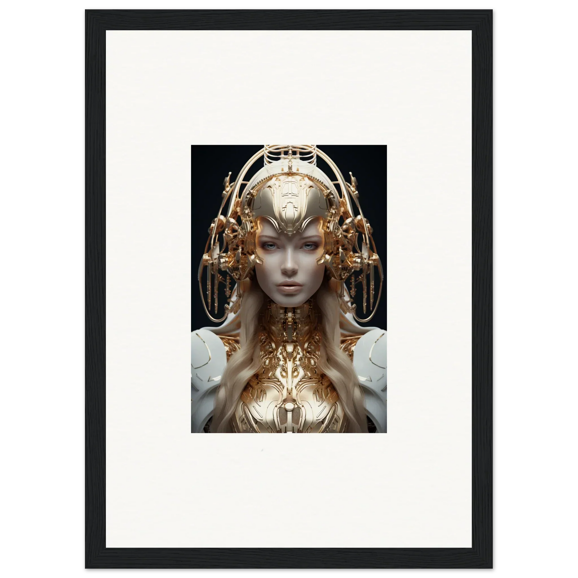 Futuristic female figure with gold headdress, perfect for Mind Reverie room decor