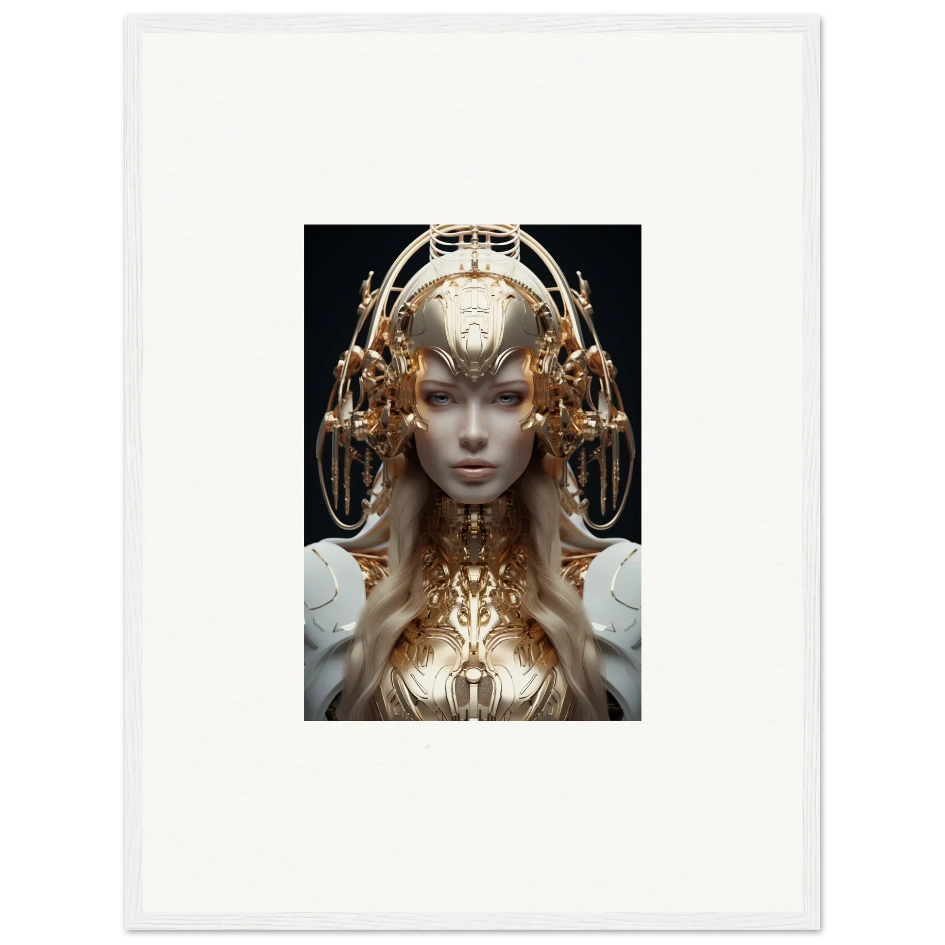 Futuristic humanoid figure with golden headpiece for mind reverie room decor wall art