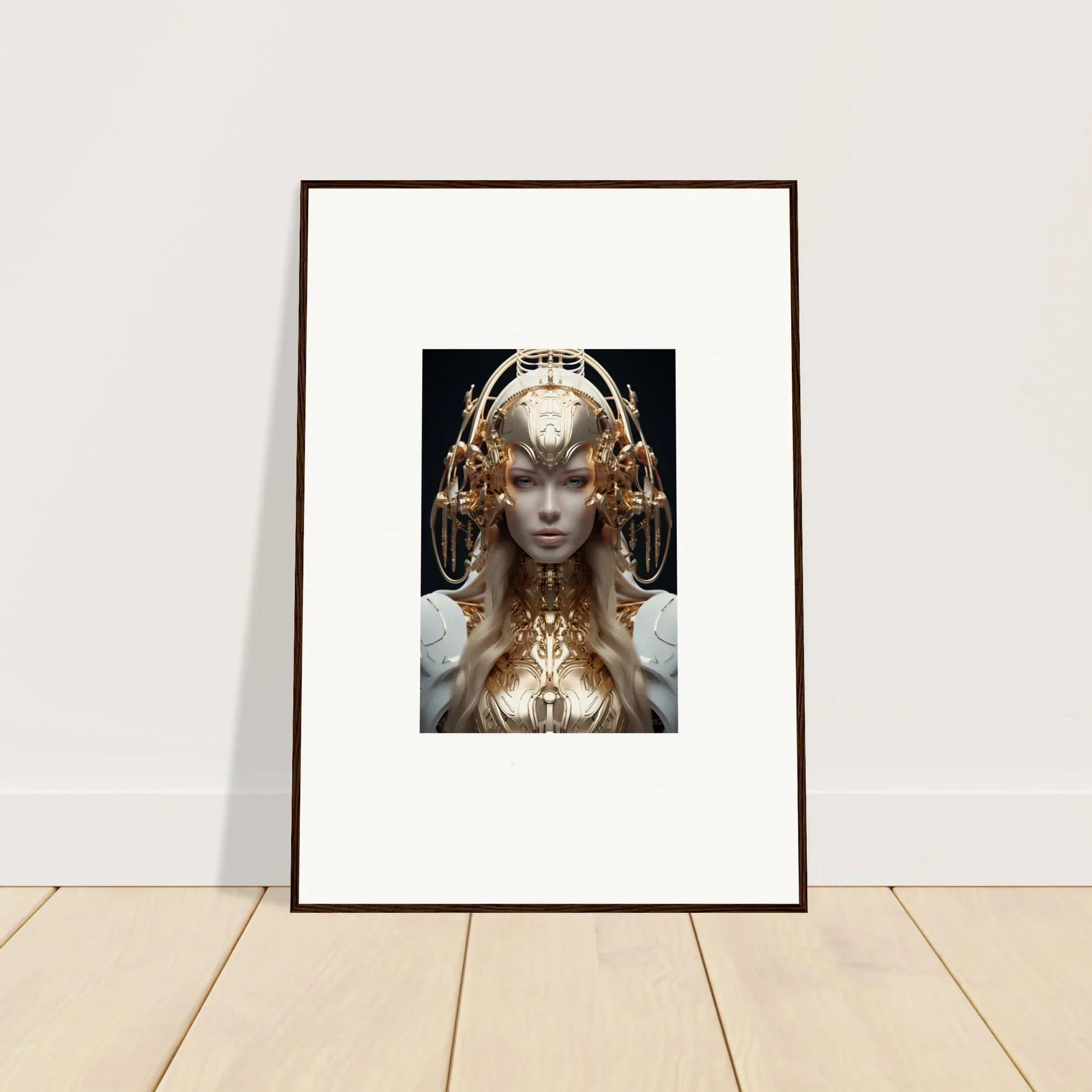 Framed wall art of a futuristic feminine figure for unique room decor, Mind Reverie