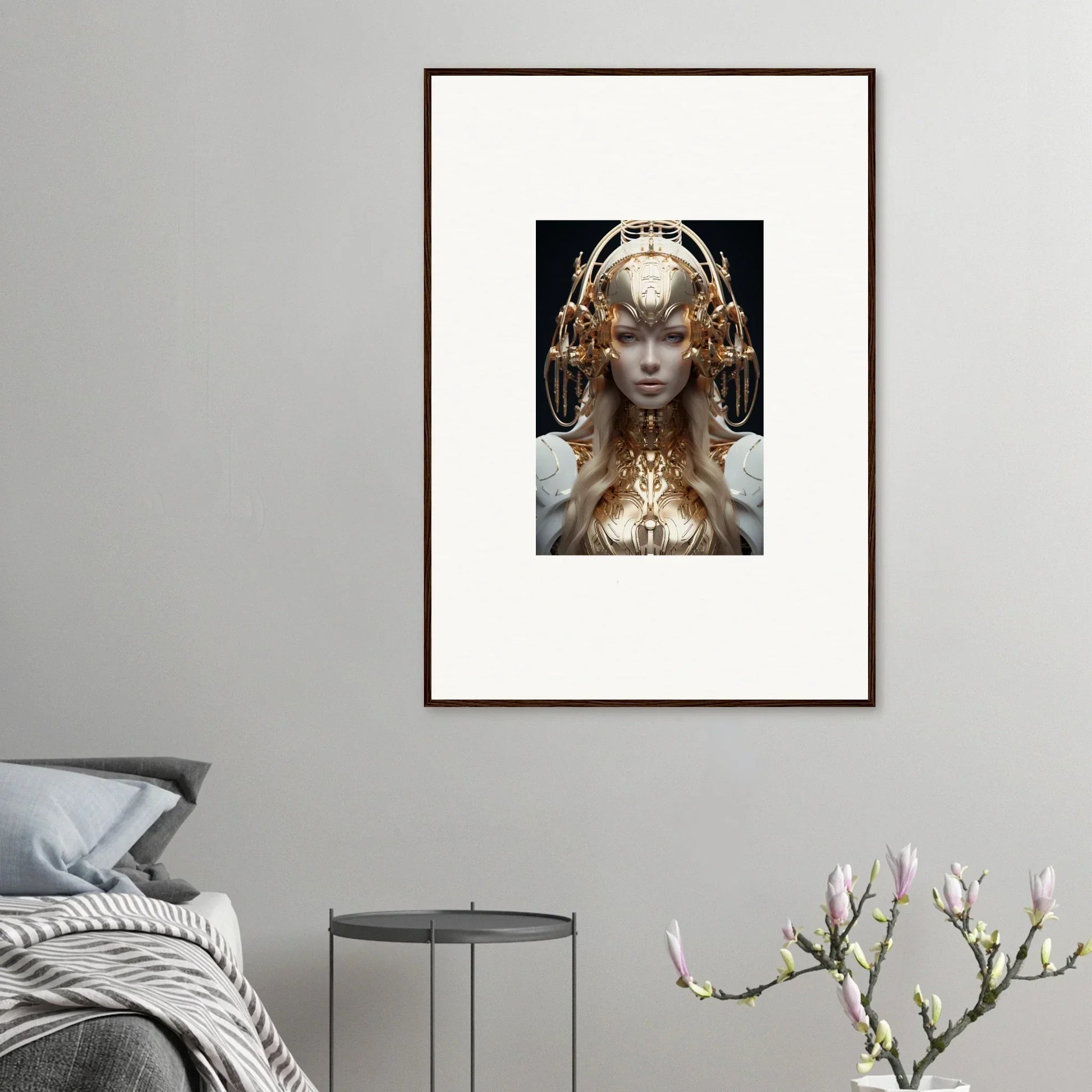 Ornate figure with headdress in Golden Mind Reverie framed wall art for room decor