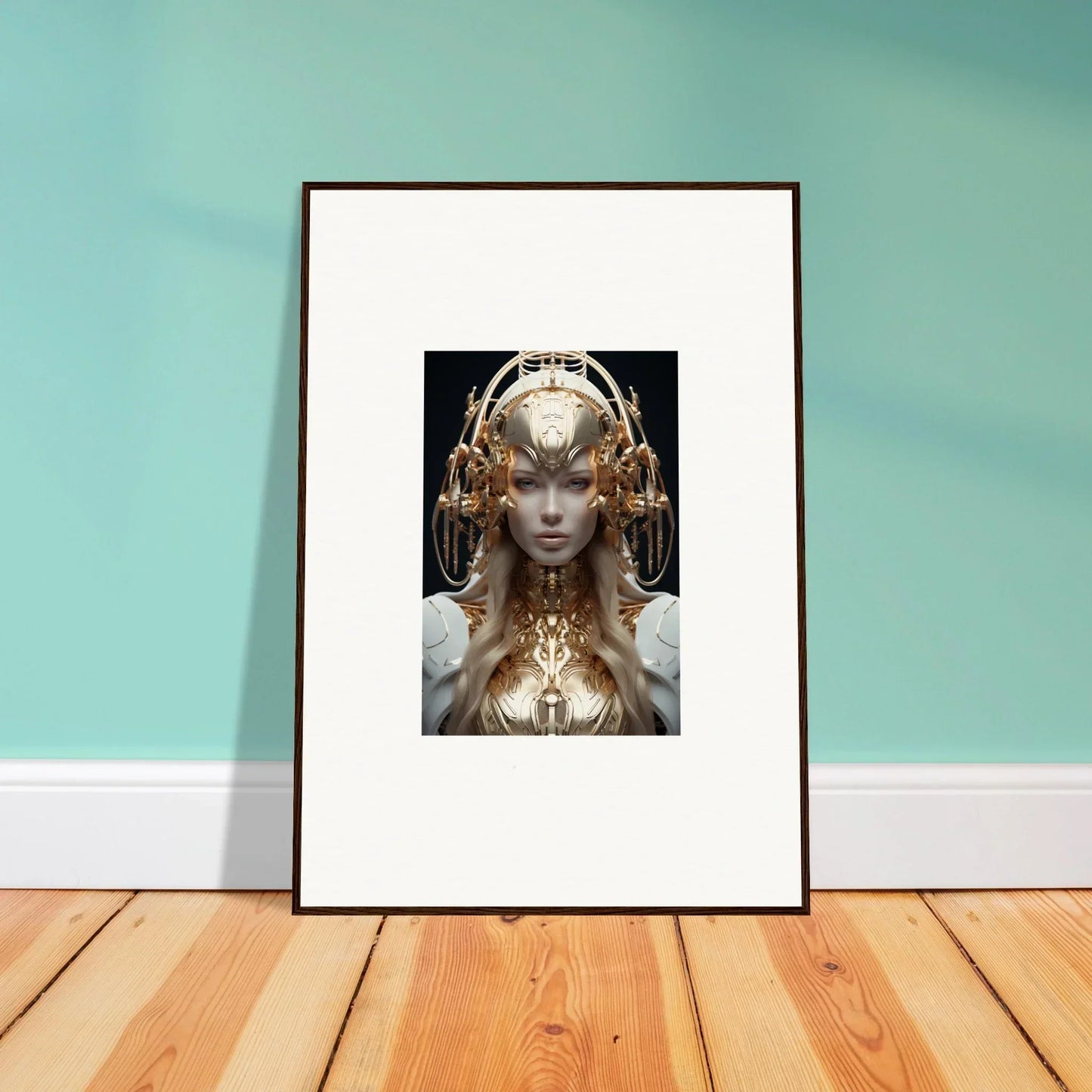 Framed wall art of a futuristic figure enhances any room decor with mind reverie