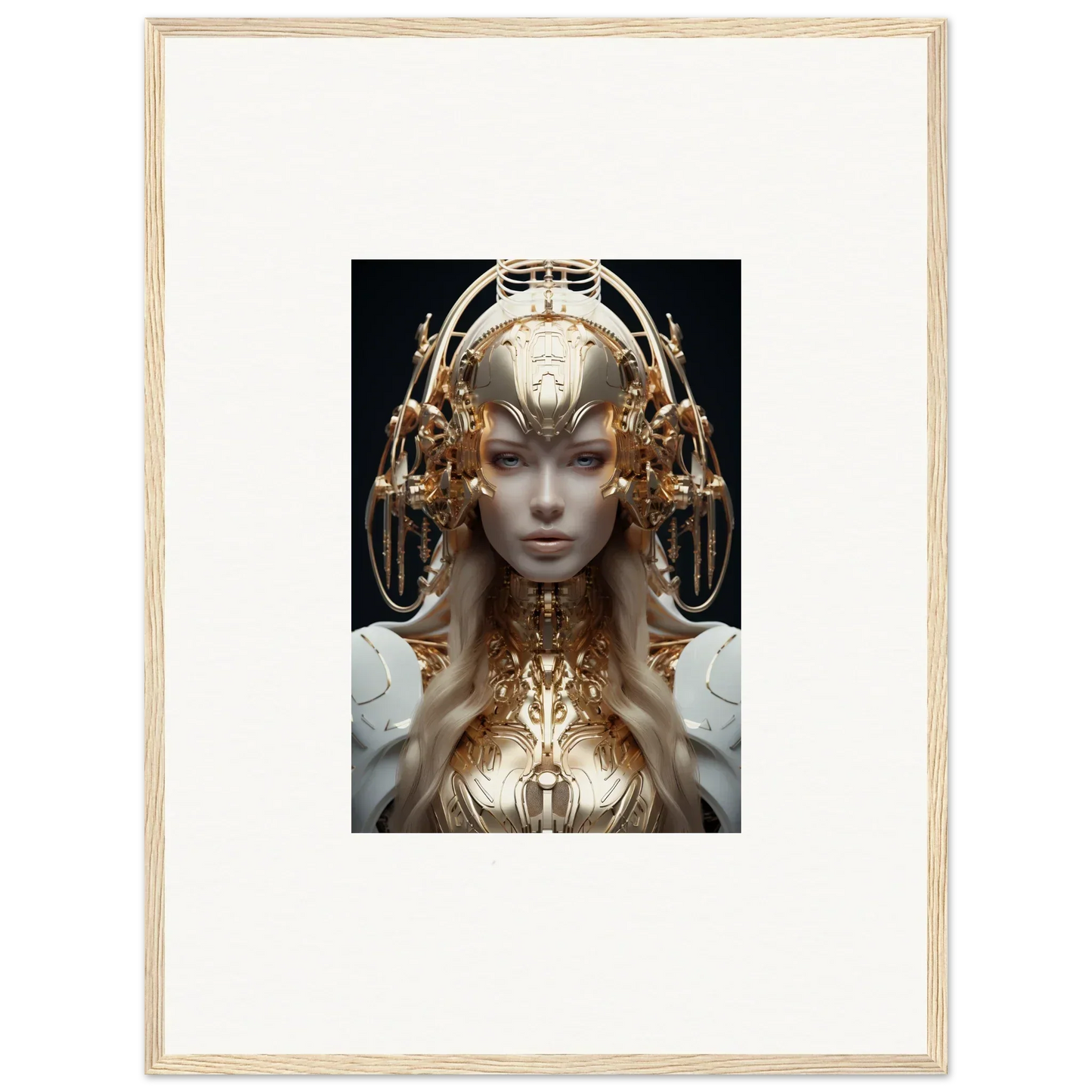 Futuristic humanoid figure with gold headpiece, perfect for mind reverie room decor