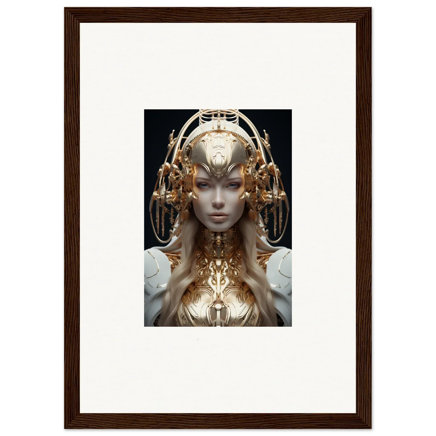 Futuristic female figure in ornate golden headdress for mind reverie room decor