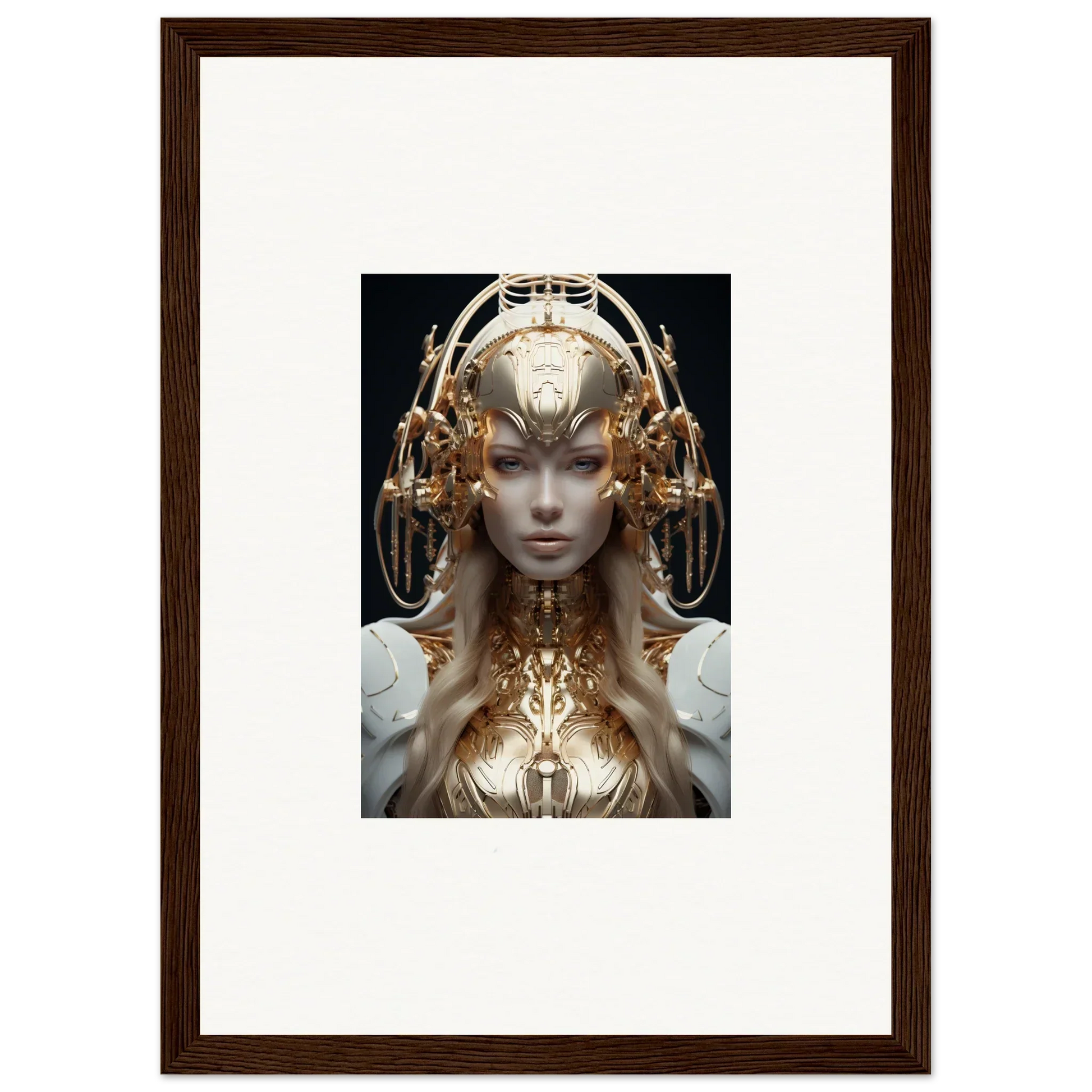 Futuristic female figure in ornate golden headdress for mind reverie room decor