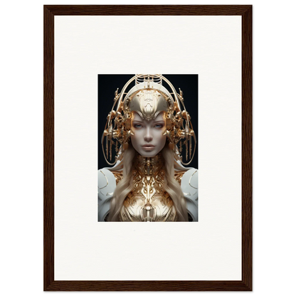 Futuristic female figure in ornate golden headdress for mind reverie room decor