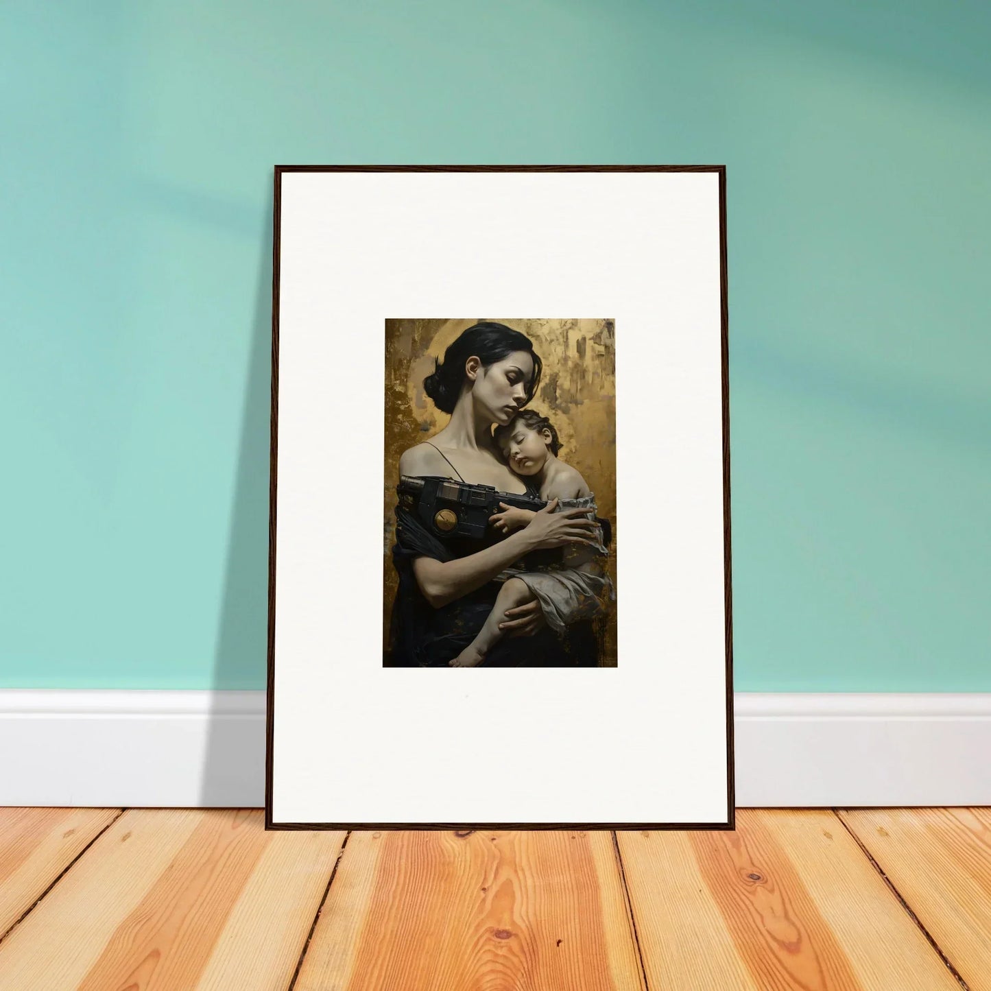 Framed wall art of a woman embracing a child in the Golden Protector Diptych