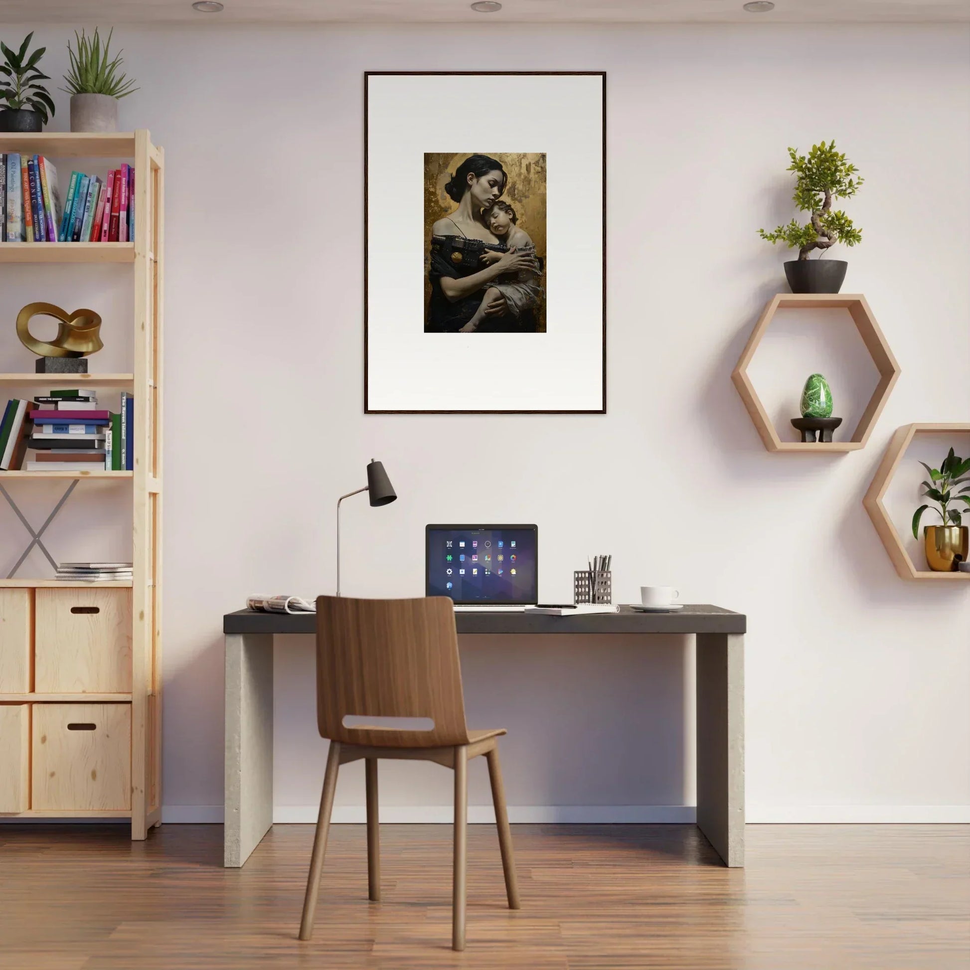 Home office workspace featuring a desk, chair, and Golden Protector Diptych wall art