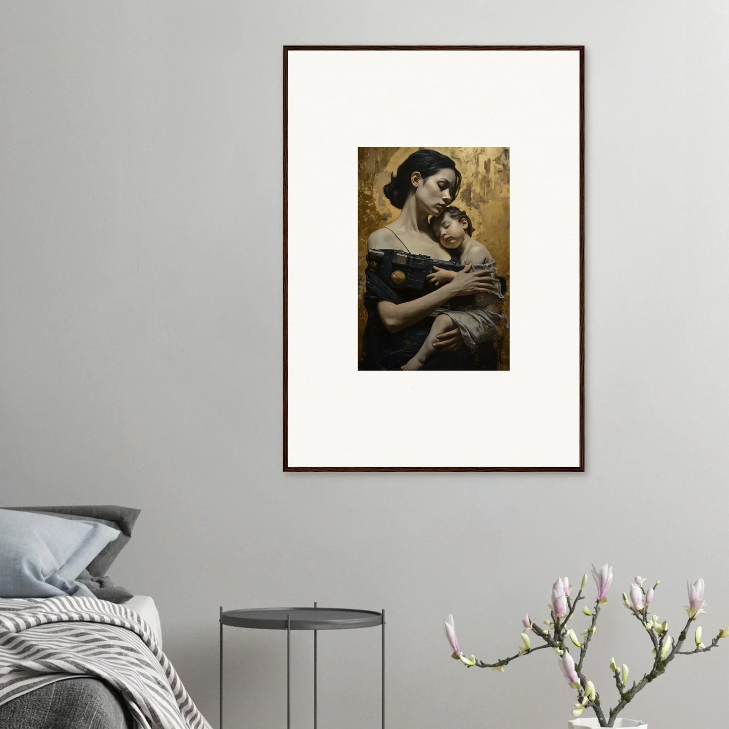 Framed wall art of a woman embracing a child in the Golden Protector Diptych