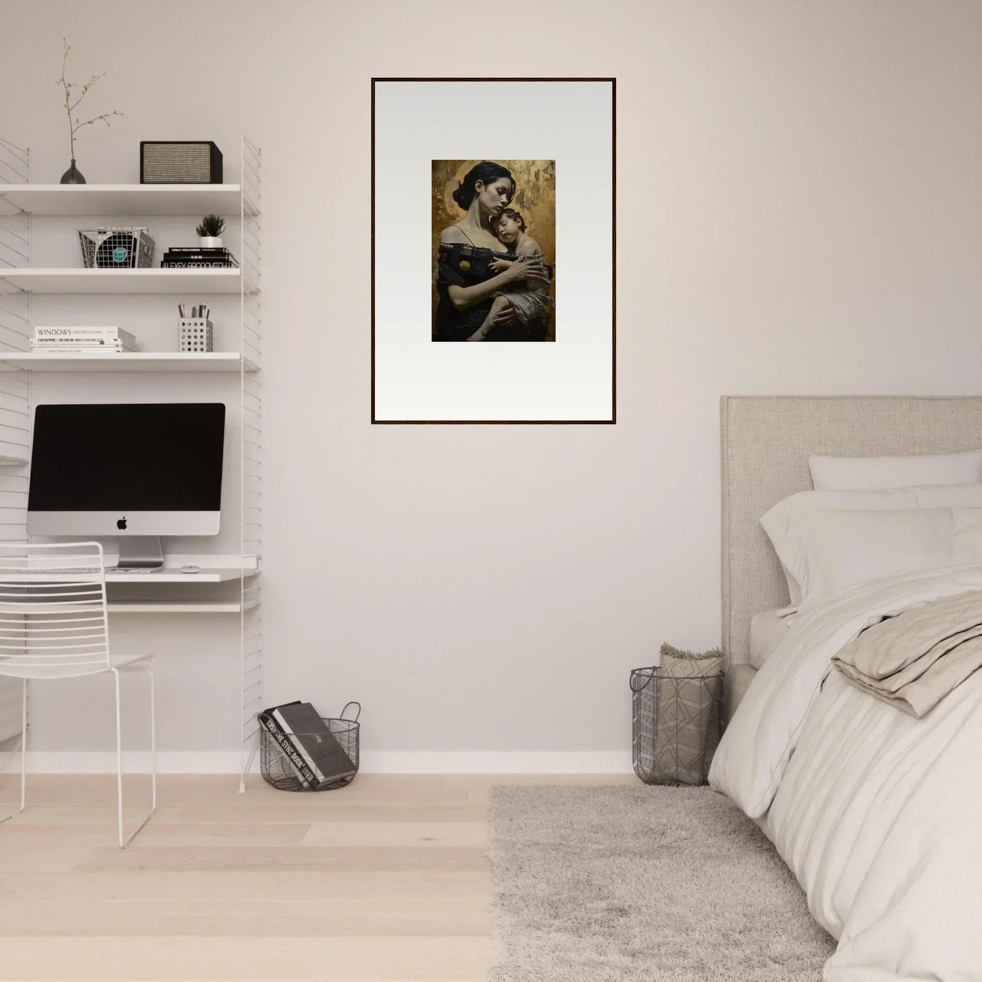 Framed black and white wall art of a protector diptych with a person and child