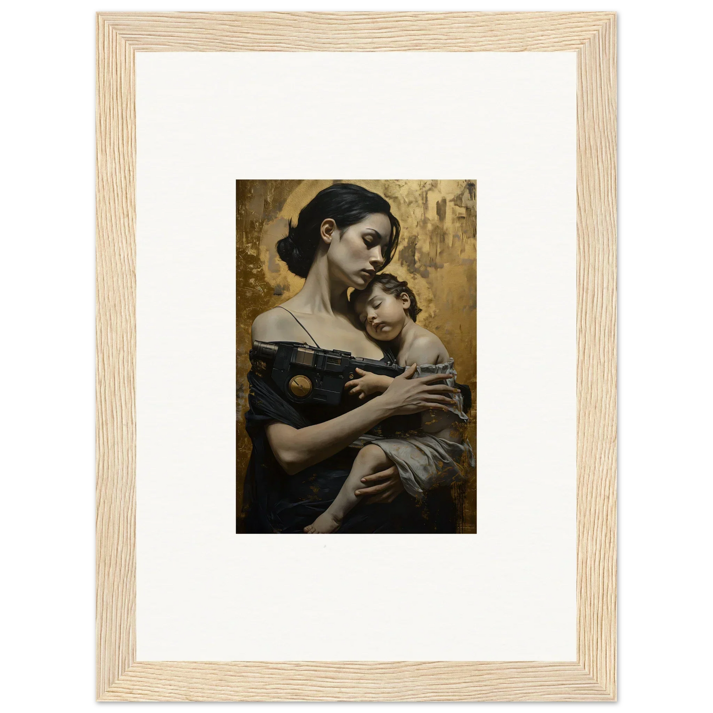 Framed wall art of a woman with a child in the Golden Protector Diptych for room decor