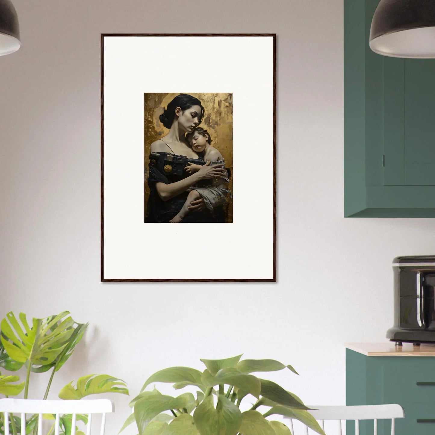 Framed wall art of a woman embracing a child in Golden Protector Diptych for room decor