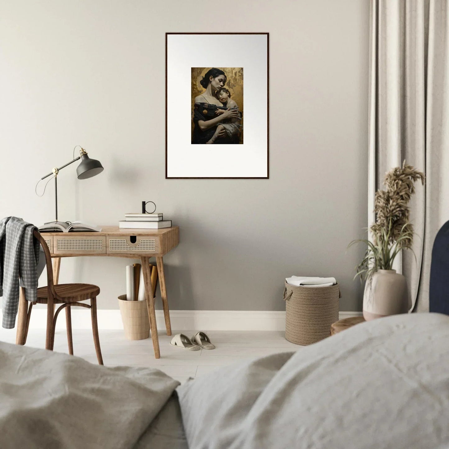 Framed wall art of a reclining figure in Golden Protector Diptych for elegant room decor