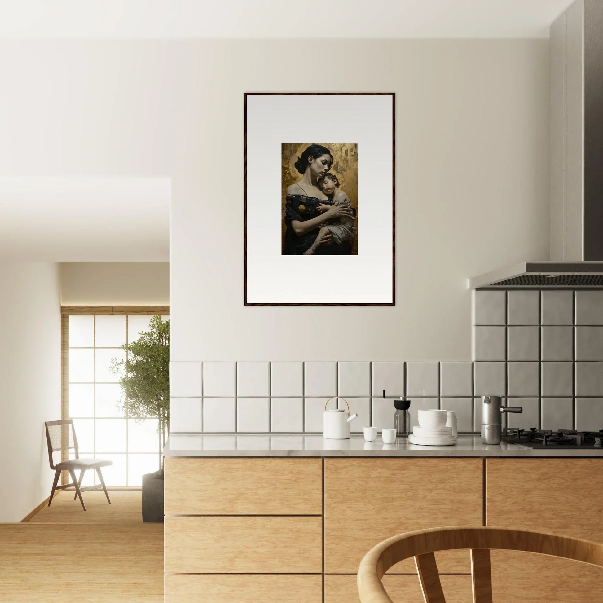 Framed black and white protector diptych wall art of an intimate embrace in kitchen decor