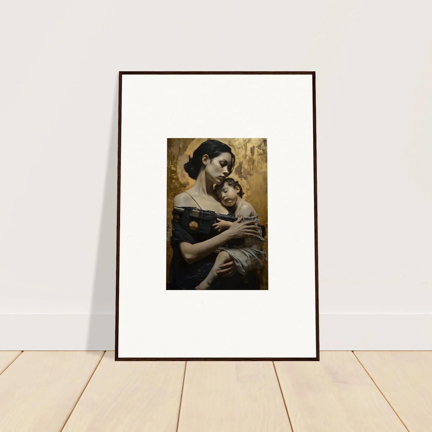 Framed wall art of a woman embracing child, part of the Golden Protector Diptych for room decor