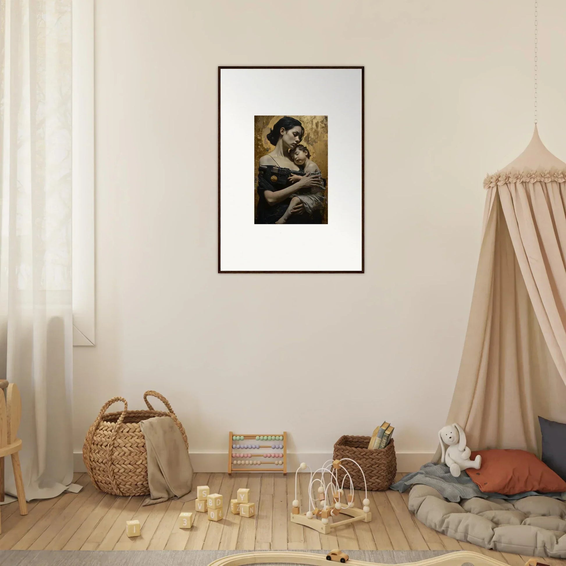 Framed wall art of a protector diptych featuring a person holding a child for room decor