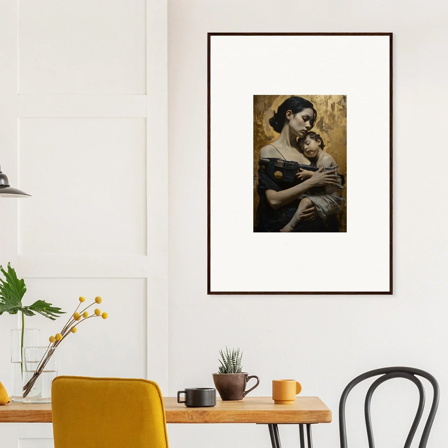 Framed wall art of a woman and child in the Golden Protector Diptych for room decor