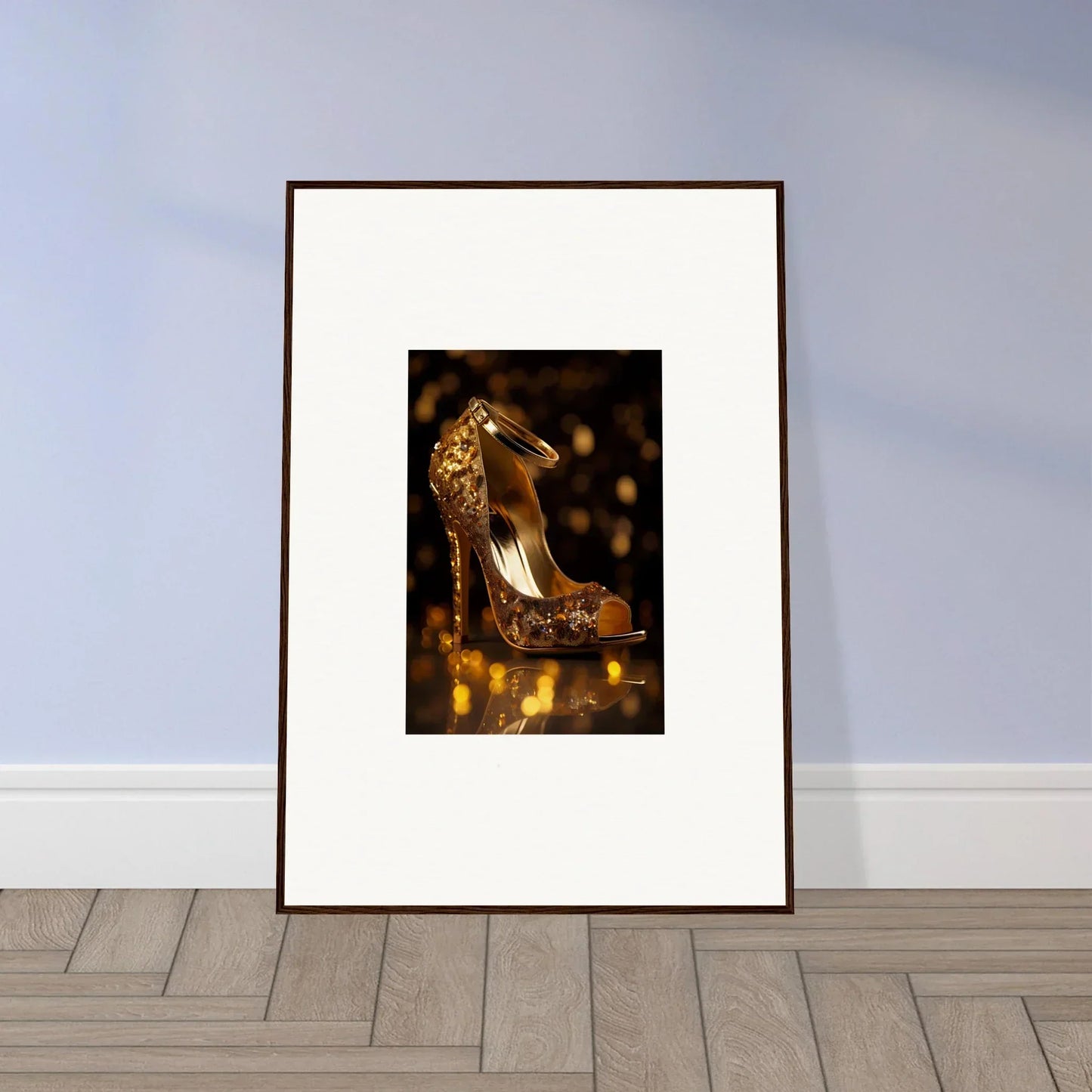 Framed wall art featuring a glittery gold high-heeled shoe from Golden Serotonin Pads