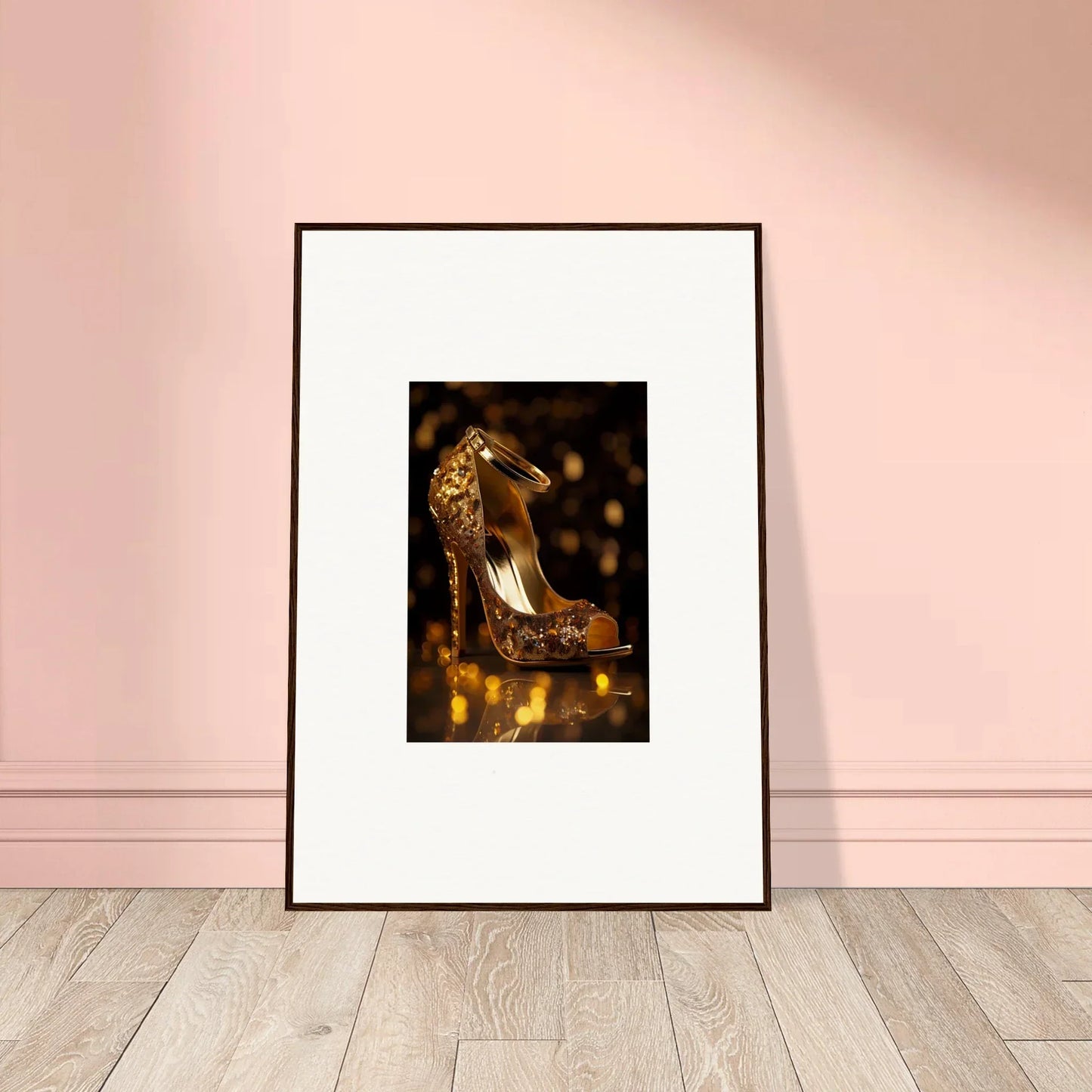 Framed wall art of a glittering gold high-heeled shoe for Golden Serotonin Pads