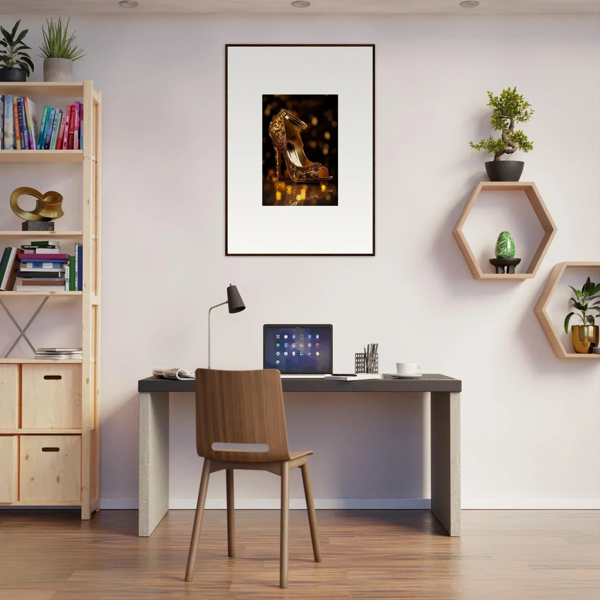 Modern home office with Golden Serotonin Pads and fun decorative wall art