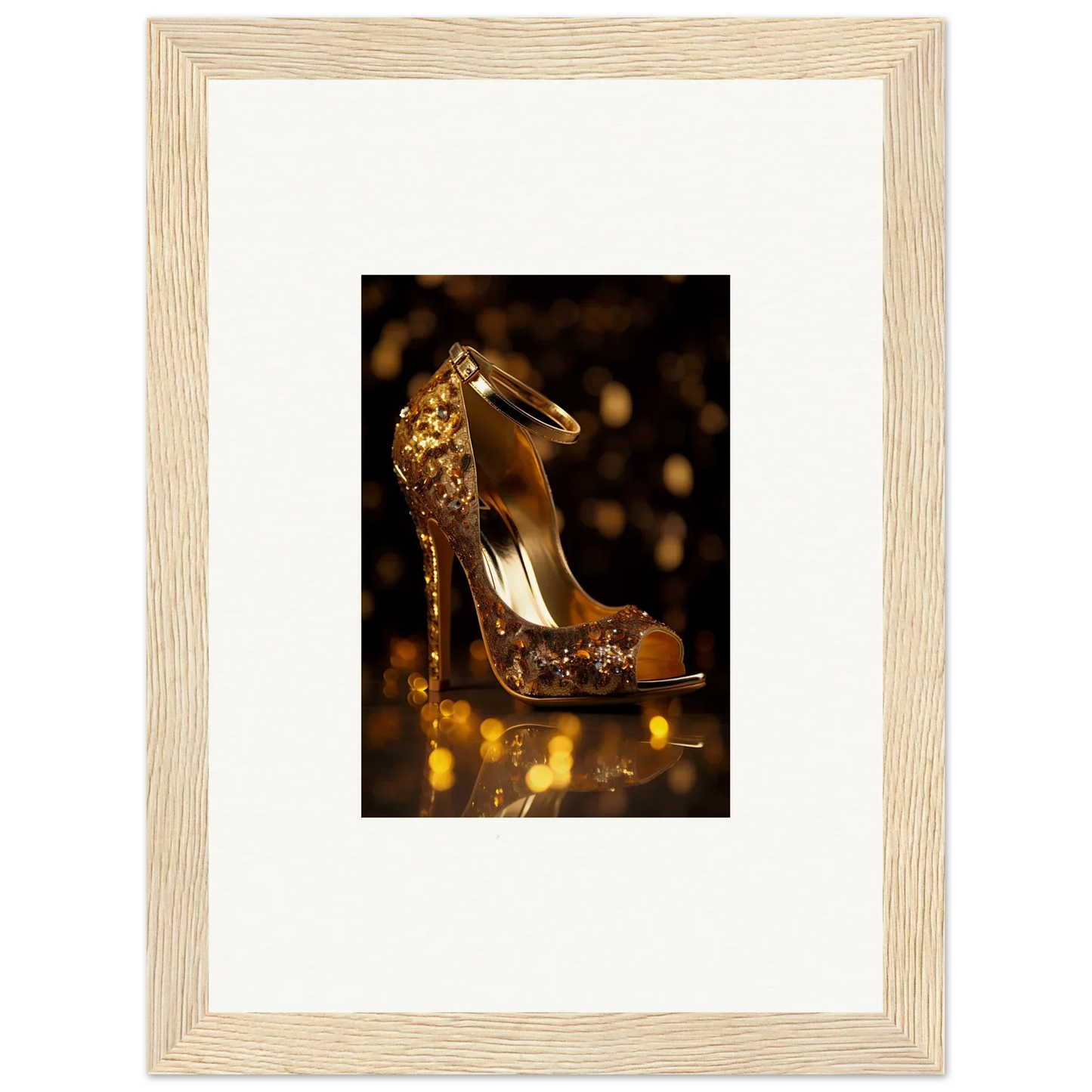 Sparkly gold high-heeled peep-toe shoe perfect for Golden Serotonin Pads art display