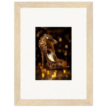 Sparkly gold high-heeled peep-toe shoe perfect for Golden Serotonin Pads art display