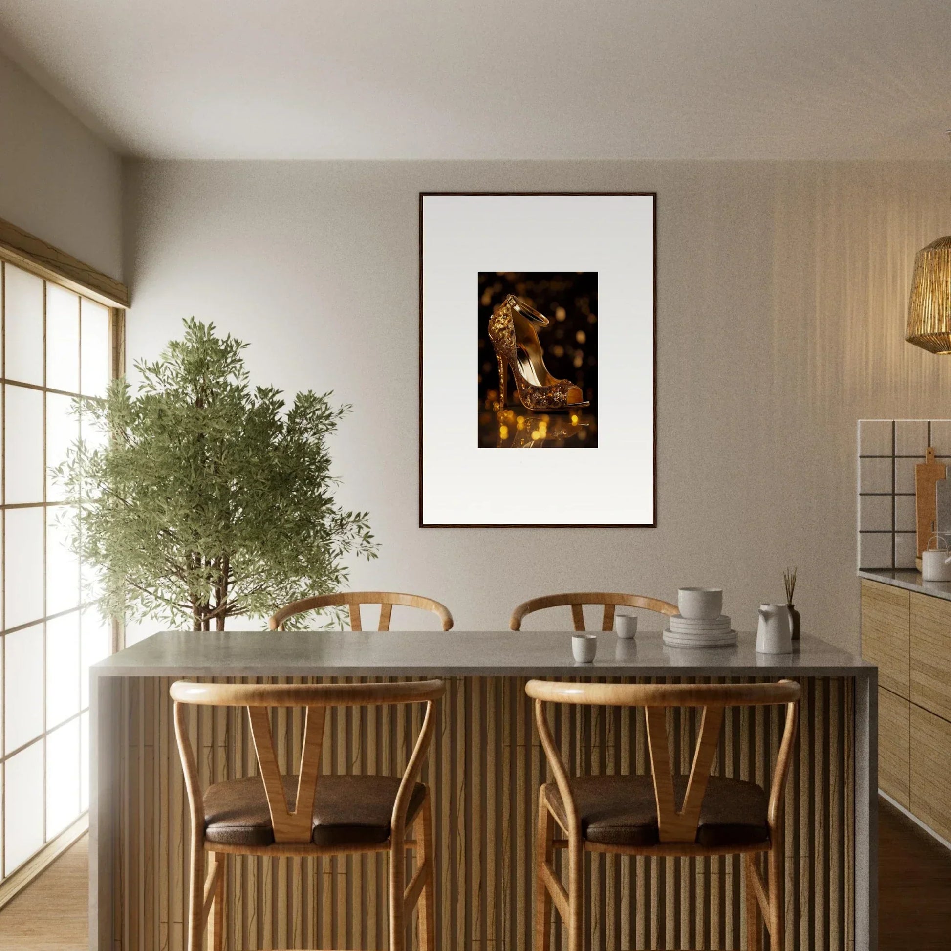 Minimalist dining area with a white table and wooden chairs, showcasing Golden Serotonin Pads