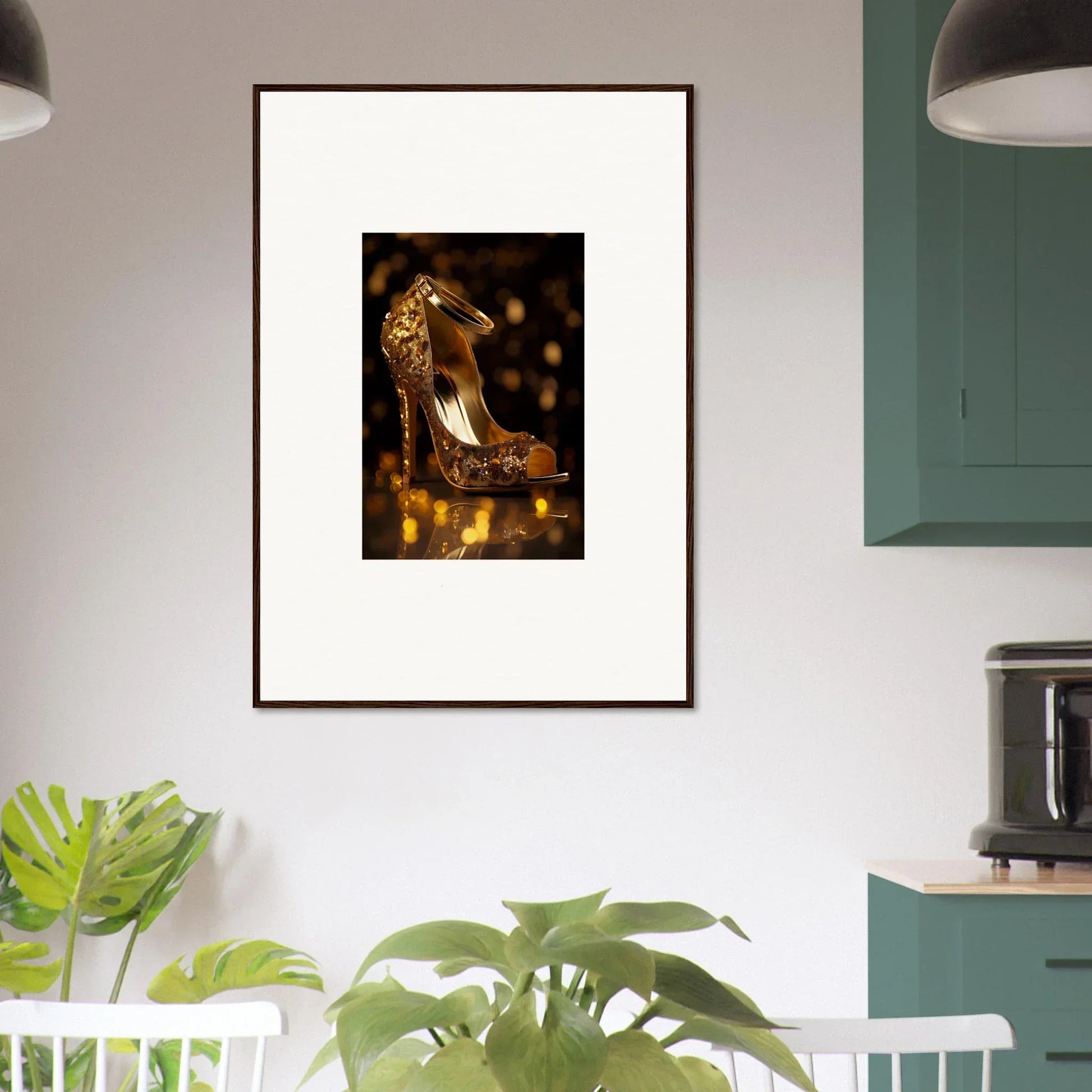 Framed wall art of a glittering gold high-heel shoe from Golden Serotonin Pads