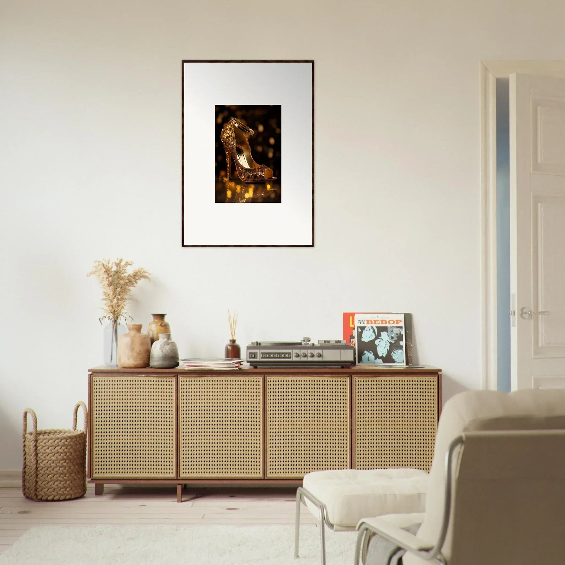 Rattan-fronted wooden credenza showcasing Golden Serotonin Pads framed wall art