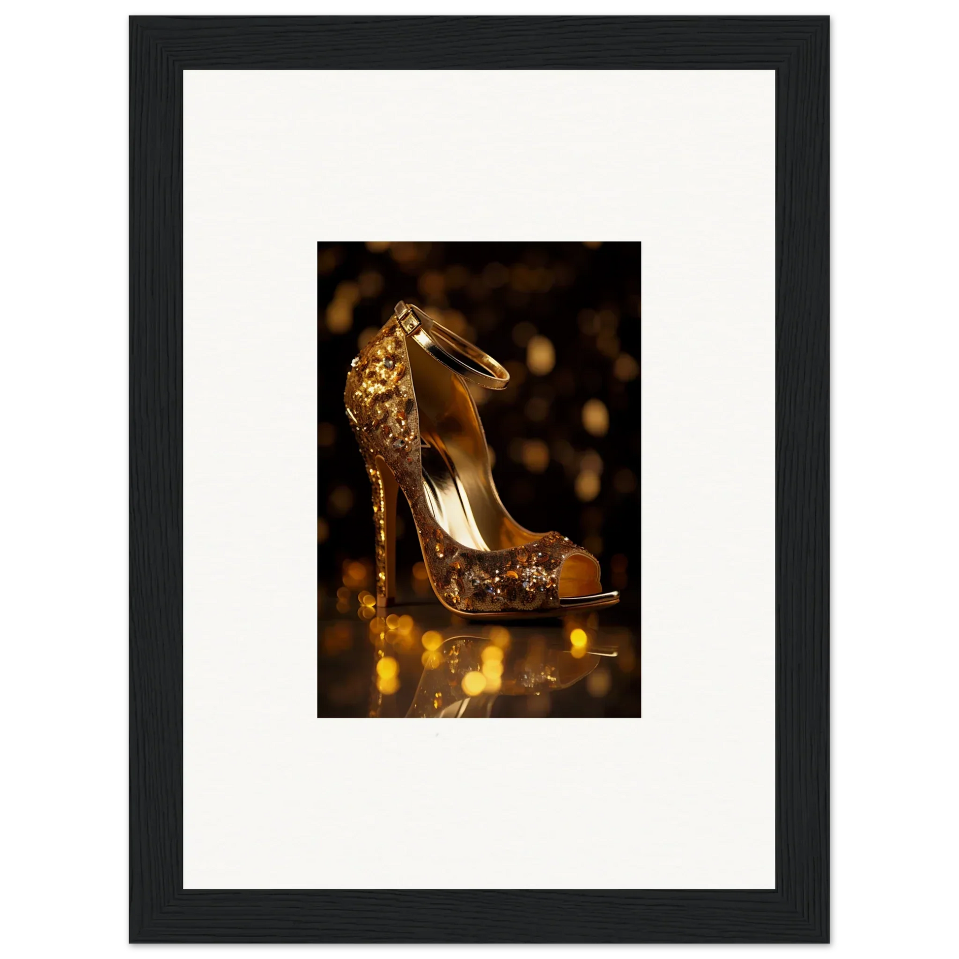 Glittering gold peep-toe shoe showcasing Golden Serotonin Pads special edition art™