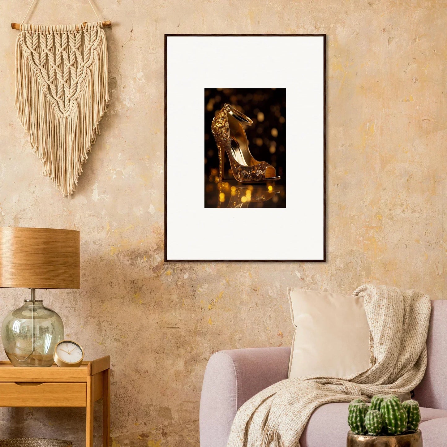 Framed wall art featuring golden high-heeled shoe and glittery bokeh for Golden Serotonin Pads