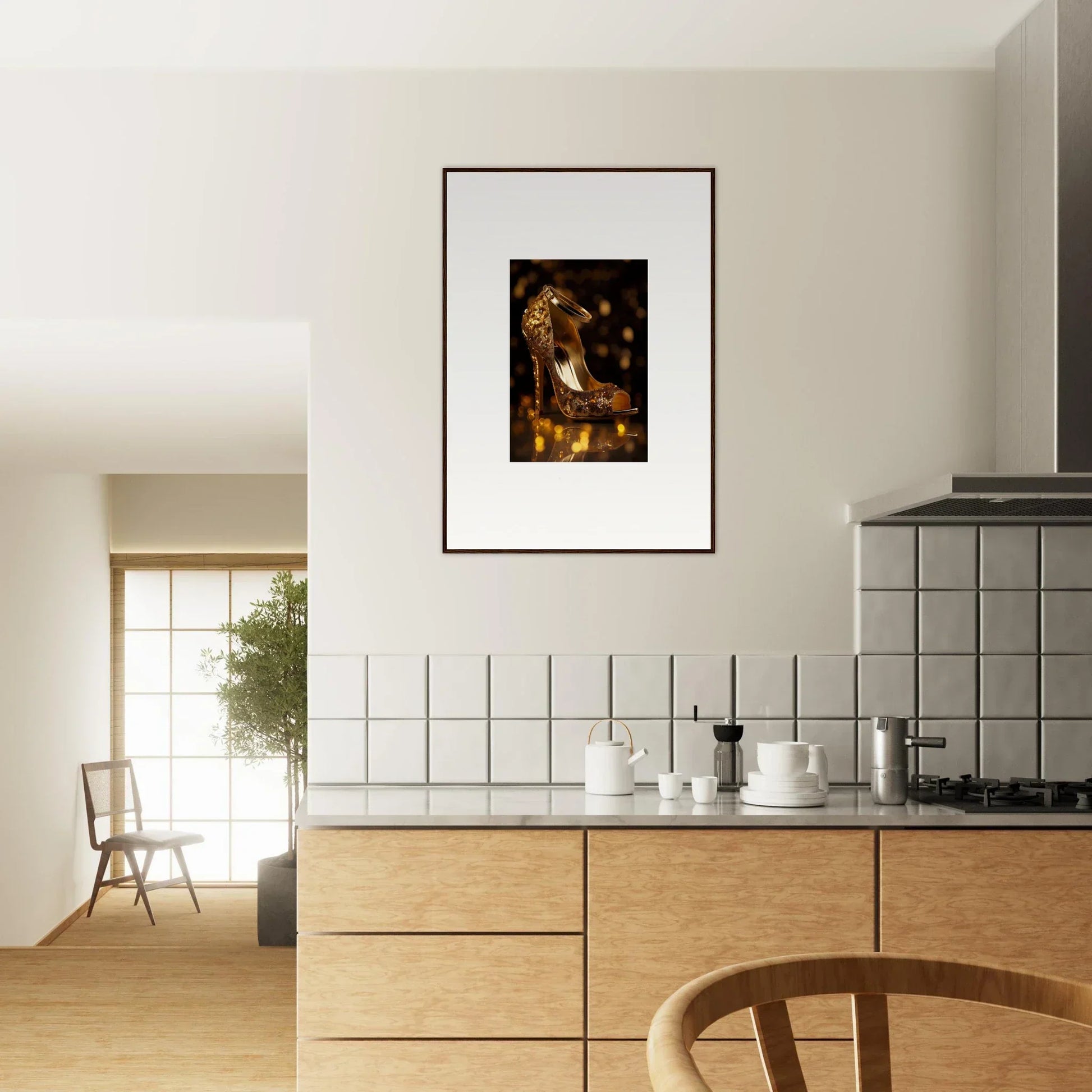 Framed wall art of Golden Serotonin Pads with a warm golden glow on a white wall