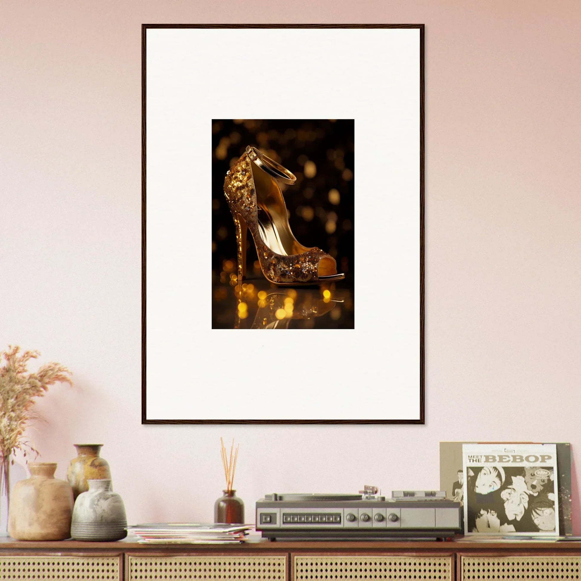 Framed wall art of a golden high-heeled shoe from Golden Serotonin Pads collection