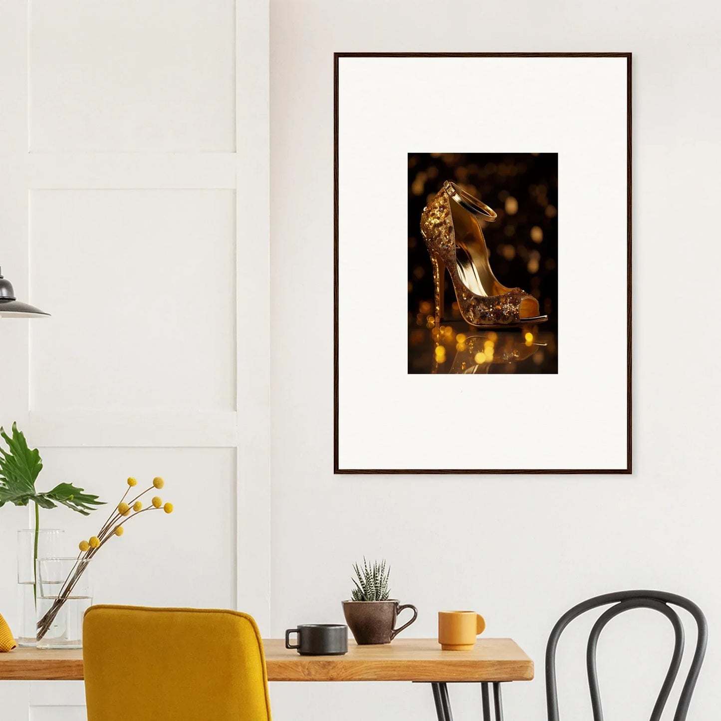 Framed wall art of a golden high-heeled shoe with bokeh for Golden Serotonin Pads