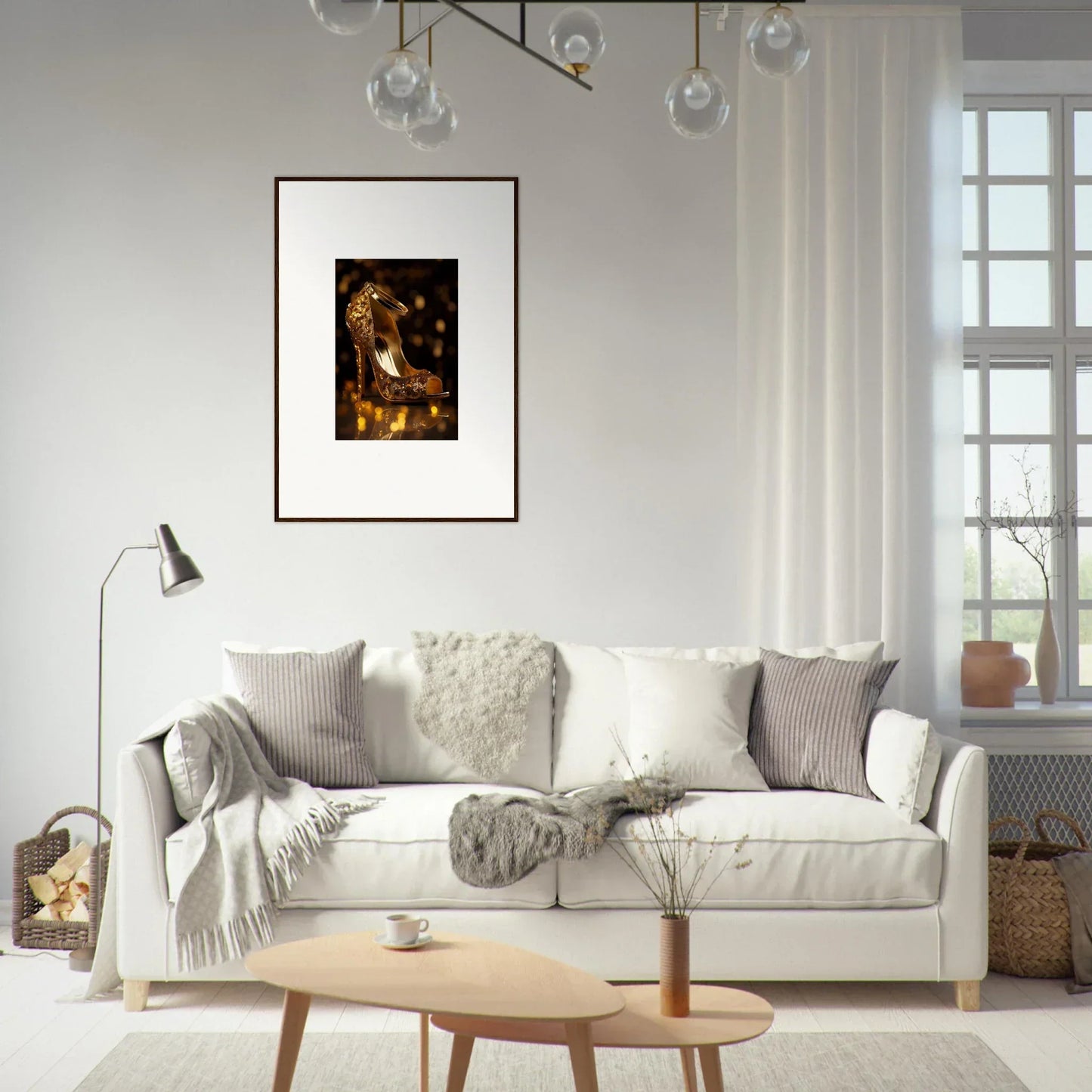 Cozy White Sofa with Gray and White Pillows, featuring Golden Serotonin Pads