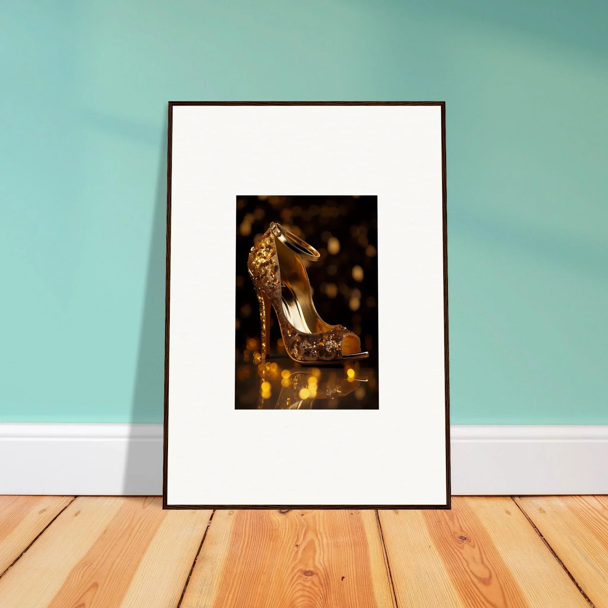 Framed wall art of a dazzling gold high-heeled shoe for Golden Serotonin Pads