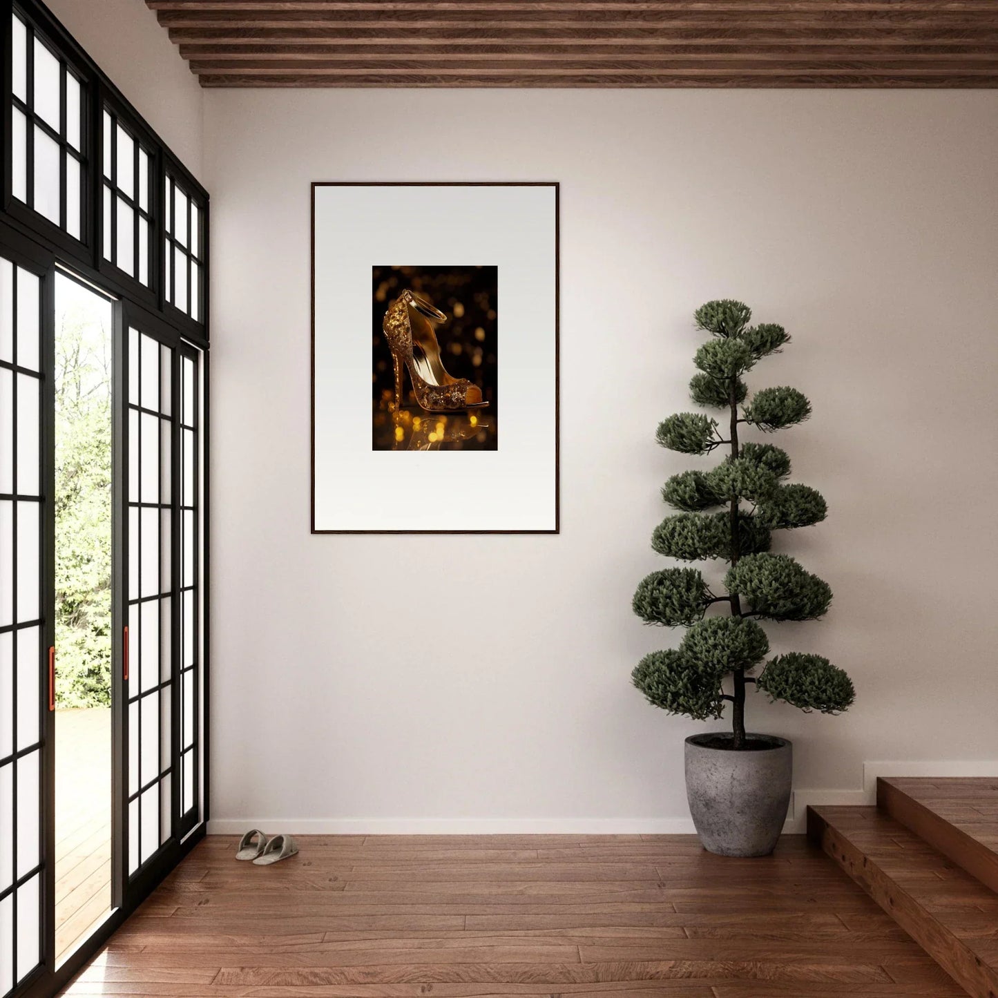 Framed wall art with golden highlights showcasing Golden Serotonin Pads on a white wall